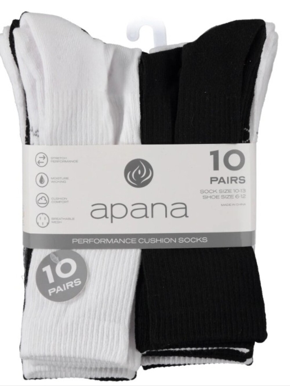 Apana Men's Athletic Cushion Crew Socks - Black & White (10 Pairs)